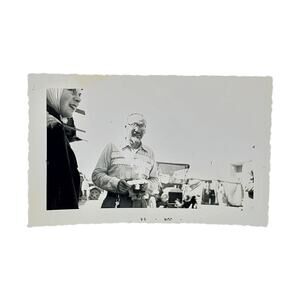 Vtg Man with Old Vehicle Behind Original Monochrome Photography Found Snapshot